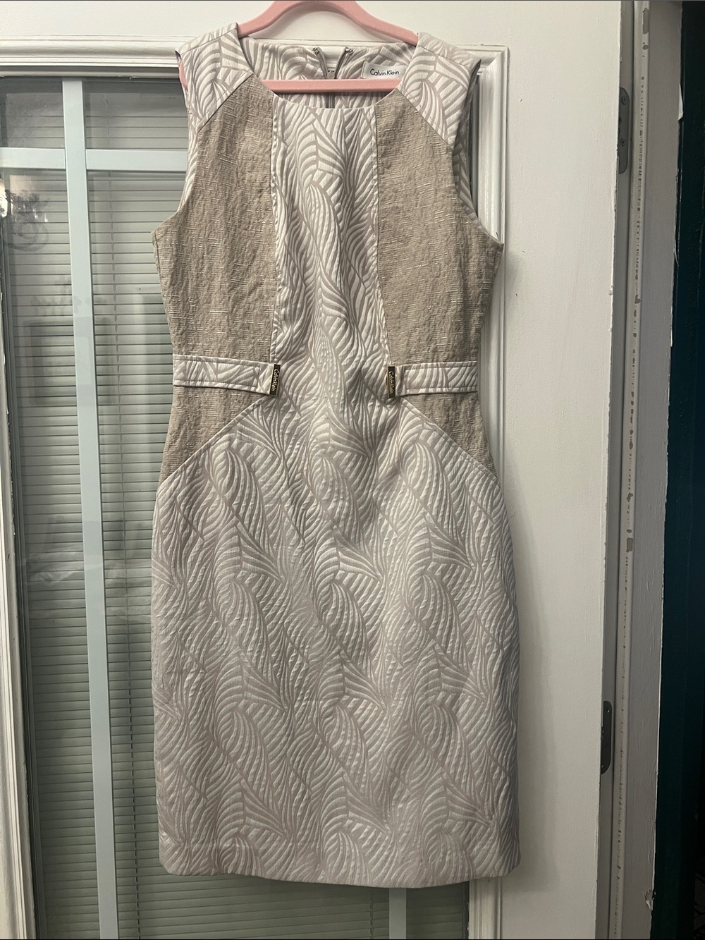 Calvin Klein Ivory and Beige Textured Sleeveless Sheath Dress